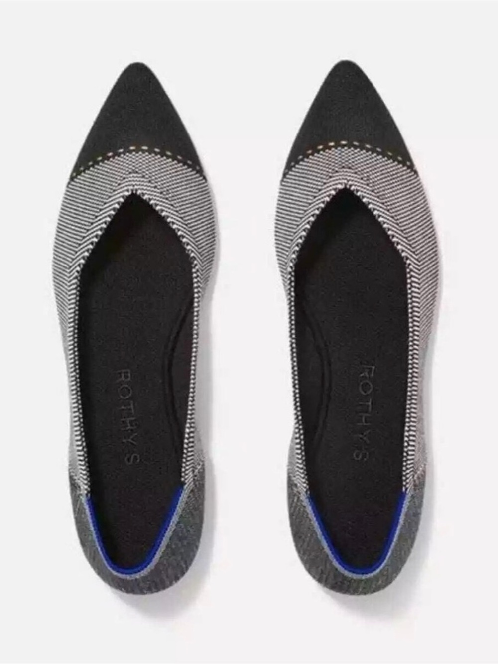 Rothy's Pointed Toe Flats in Black, White and Blue Trim